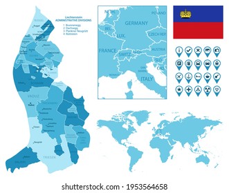 Liechtenstein detailed administrative blue map with country flag and location on the world map.