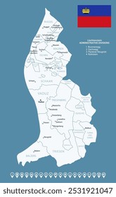 Liechtenstein - detailed country map with cities and regions. Infographic icons. Vector illustration.