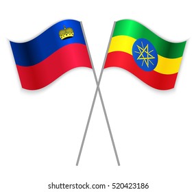 Liechtenstein and Ethiopian crossed flags. Liechtenstein combined with Ethiopia isolated on white. Language learning, international business or travel concept.