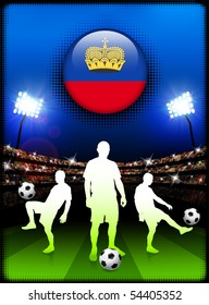 Liechtenstein Flag Button with Soccer Match in Stadium Original Illustration