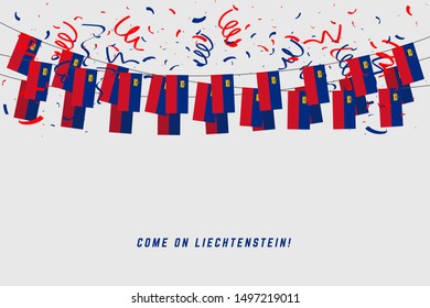 Liechtenstein flag with confetti on white background, Hang bunting for Liechtenstein celebration template banner.