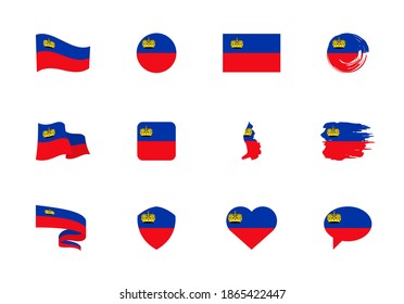 Liechtenstein flag - flat collection. Flags of different shaped twelve flat icons. Vector illustration set