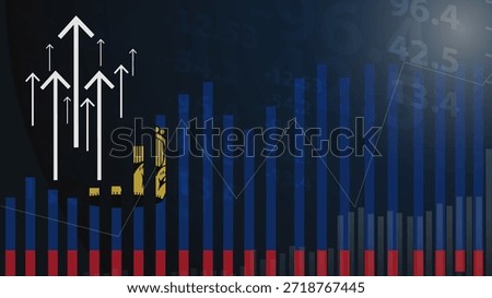 Liechtenstein flag with green up arrows, increasing values and improving economy, finger thumbs up front of Liechtenstein flag, country statistics concept, upward rising arrow on data