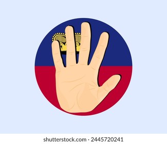 Bandera de Liechtenstein con señal de stop a mano, protesta e idea de derechos humanos, diseño de Vector, protesta en Liechtenstein, restricción o emblema prohibido, violación de la libertad de expresión, detener la guerra