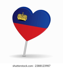 Diseño del puntero del mapa en forma de corazón de la bandera de Liechtenstein. Ilustración vectorial.