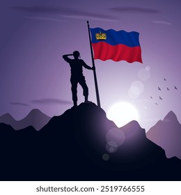 Liechtenstein Flag hoisted on a mountain peak with a purplish sunset in the background, vector illustration