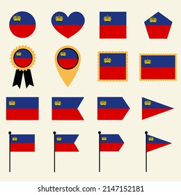 Liechtenstein flag icon set in 16 shape versions. Collection of Liechtenstein flag icons with square, circle, heart, triangle, medal, stamp and location shapes.