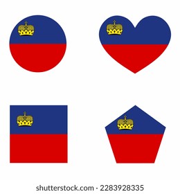 Liechtenstein flag icon set in 4 shape versions. Collection of national flag symbol with square, circle, heart, rectangular and pentagon shapes.