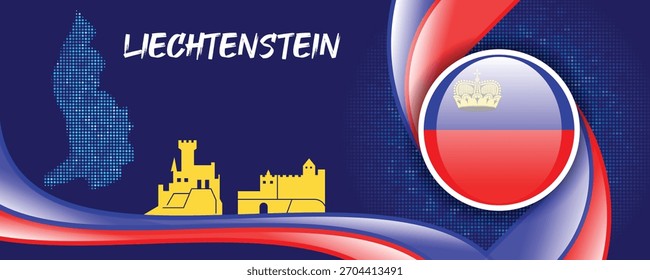 Bandera de Liechtenstein con el mapa y los Lugares famosos famosos en fondo Abstractas azul y rojo