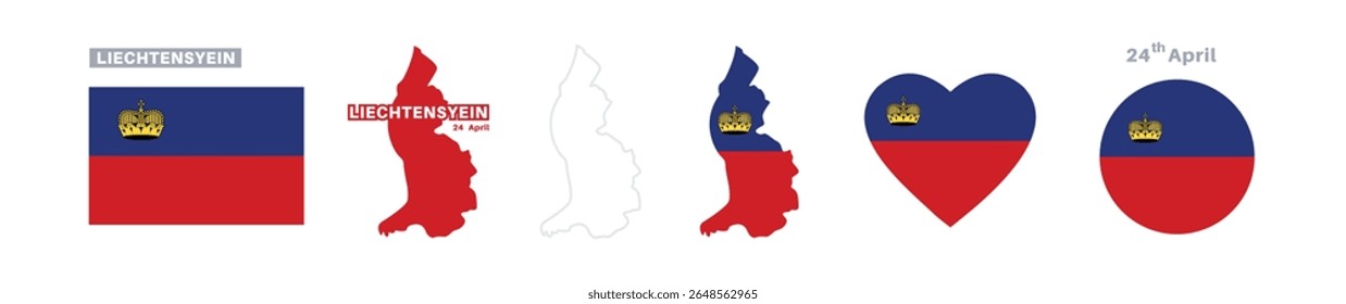 liechtenstein flag and map set. liechtenstein flag in official colors and proportions. independence day 24 april, map, circle and heart shaped liechtenstein