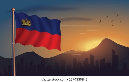 
Liechtenstein flag with mountains and morning sun in the background