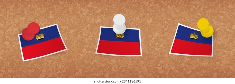 Liechtenstein flag pinned in cork board, three versions of Liechtenstein flag. Vector pushpins and flag set.