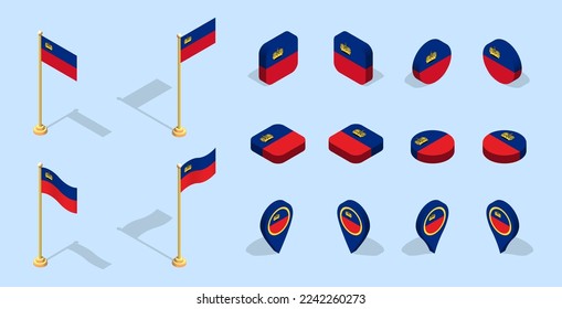 Liechtenstein flag (Principality of Liechtenstein). 3D isometric flag set icon. Editable vector for banner, poster, presentation, infographic, website, apps, maps, and other uses.