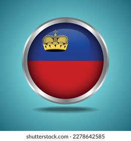 La bandera de Liechtenstein. Redondo brillante. Marco plateado. Aislado en el fondo del degradado de color