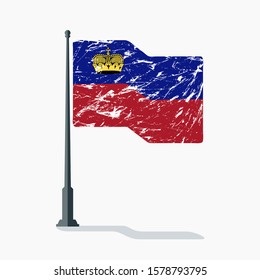 Liechtenstein flag with scratches waving on flagpole with shadow in vector