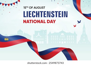 Liechtenstein Flag Waving On Skyline Background. National Day Concept Design Vector Illustration.