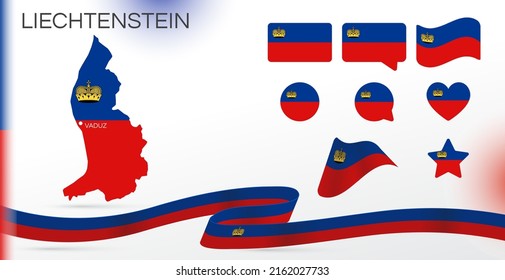 Liechtenstein flags set. Various designs. Map and capital city. World flags. Vector set. Circle icon. Template for independence day. Collection of national symbols. Ribbon with colors of the flag.