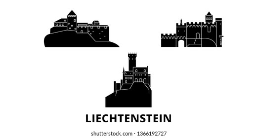 Liechtenstein flat travel skyline set. Liechtenstein black city vector illustration, symbol, travel sights, landmarks.