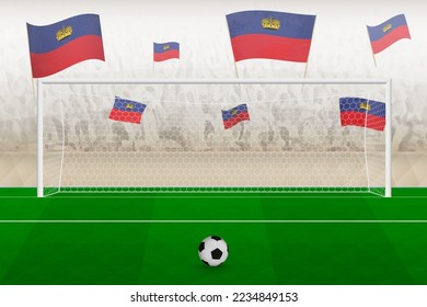 Liechtenstein football team fans with flags of Liechtenstein cheering on stadium, penalty kick concept in a soccer match. Sports vector illustration.