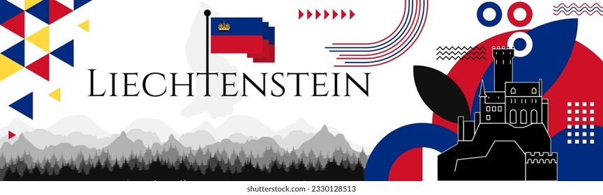 Liechtenstein Independence Day abstract banner design with flag and map. Flag color theme geometric pattern retro modern Illustration design. Blue and red flag color template.