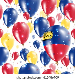 Liechtenstein Independence Day Seamless Pattern. Flying Rubber Balloons in Colors of the Liechtensteiner Flag. Happy Liechtenstein Day Patriotic Card with Balloons, Stars and Sparkles.