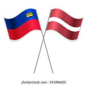 Liechtenstein and Latvian crossed flags. Liechtenstein combined with Latvia isolated on white. Language learning, international business or travel concept.