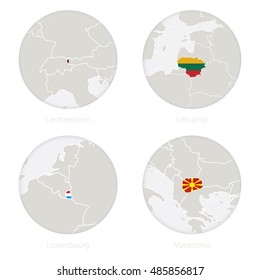 Liechtenstein, Lithuania, Luxembourg, Macedonia map contour and national flag in a circle. Vector Illustration.