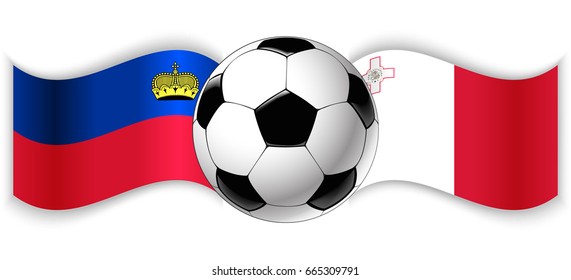 Liechtenstein and Maltese wavy flags with football ball. Liechtenstein combined with Malta isolated on white. Football match or international sport competition concept.