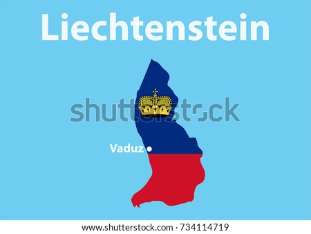 Liechtenstein. Map of the border and the capital Vaduz against the flag of Liechtenstein. The flag consists of the upper blue and red stripes,with the coat of arms on the blue stripe.