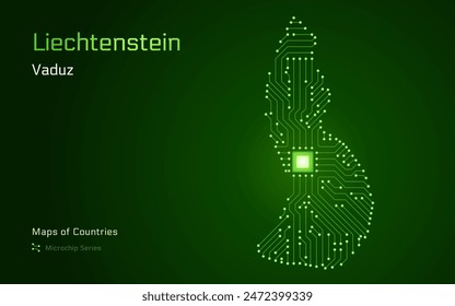Liechtenstein Map with a capital of Vaduz Shown in a Microchip Pattern with processor. E-government. World Countries vector maps. Microchip Series	