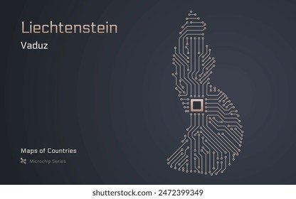Liechtenstein Map with a capital of Vaduz Shown in a Microchip Pattern with processor. E-government. World Countries vector maps. Microchip Series	