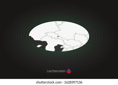 Liechtenstein map in dark color, oval map with neighboring countries. Vector map and flag of Liechtenstein