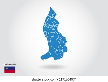 Liechtenstein map design with 3D style. Blue Liechtenstein map and National flag. Simple vector map with contour, shape, outline, on white.