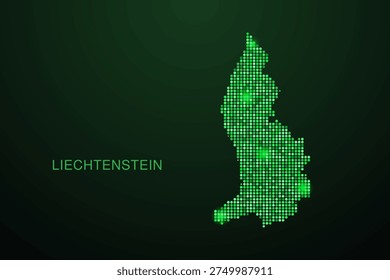Liechtenstein Map - Digital dotted map with glowing green points on dark background, modern technology style, abstract data network design, clean minimal geometric vector illustration.
