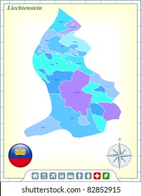 Liechtenstein Map with Flag Buttons and Assistance & Activates Icons Original Illustration
