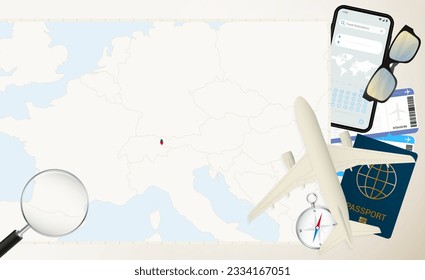 Liechtenstein map and flag, cargo plane on the detailed map of Liechtenstein with flag, passport, magnifying glass and airplane. Vector template.
