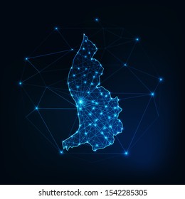 Liechtenstein map glowing silhouette outline made of stars lines dots triangles, low polygonal shapes. Communication, internet technologies concept. Wire frame futuristic design. Vector illustration