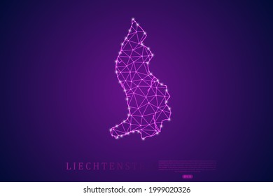 Línea de máscaras de Liechtenstein Map y escalas puntuales sobre el fondo de la tecnología púrpura. Malla 3D del marco de cables línea de red poligonal, esfera de diseño, punto y estructura - Ilustración vectorial eps 10
