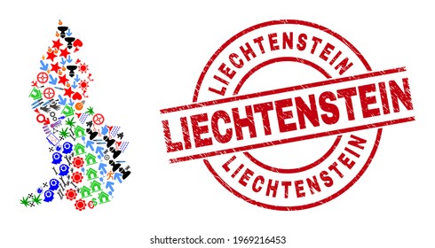 Mosaico de mapa de Liechtenstein y imitación de sello rojo de Liechtenstein. El sello de Liechtenstein utiliza líneas vectoriales y arcos. El mosaico de mapas de Liechtenstein contiene marcadores, casas, lámparas, soles, copas de vino,