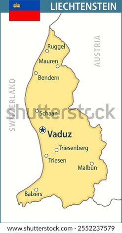 Liechtenstein Map Vector New 2024 Colorful - Customizable layered political map of Liechtenstein with administrative divisions for website, education, reports, news, politics, print, poster