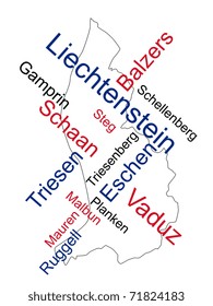 Liechtenstein map and words cloud with larger cities