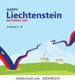 Liechtenstein national day celebration vector illustration with snowy mountains, country houses, and a long flag. European country public holiday.