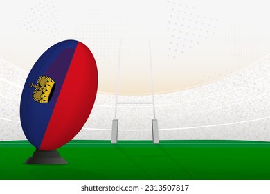 Selección nacional de rugby de Liechtenstein en estadio de rugby y puestos de gol, preparándose para un penal o patada libre. Ilustración vectorial.