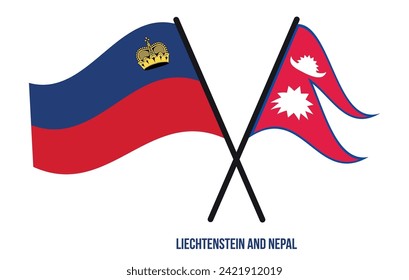 Liechtenstein and Nepal Flags Crossed And Waving Flat Style. Official Proportion. Correct Colors.