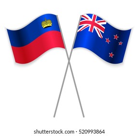 Liechtenstein and New Zealand combined crossed flags isolated on white. Language learning, international business or travel concept.
