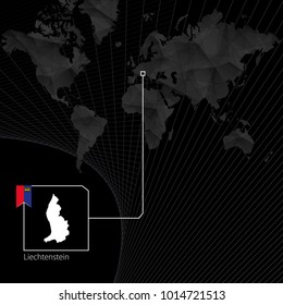 Liechtenstein on black World Map. Map and flag of Liechtenstein.