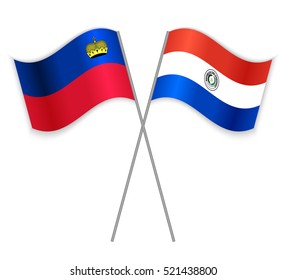 Liechtenstein and Paraguayan crossed flags. Liechtenstein combined with Paraguay isolated on white. Language learning, international business or travel concept.