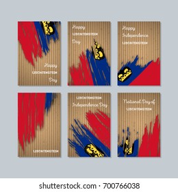 Liechtenstein Patriotic Cards for National Day. Expressive Brush Stroke in Flag Colors on kraft paper background. Vector Greeting Card.