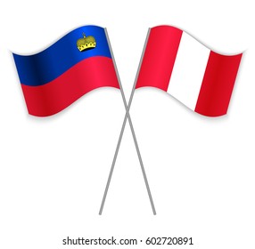 Liechtenstein and Peruvian crossed flags. Liechtenstein combined with Peru isolated on white. Language learning, international business or travel concept.