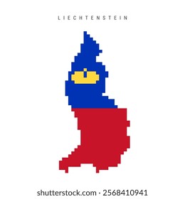 Liechtenstein pixel flag map icon. 8 bit pixel art Principality of Liechtenstein map covered with flag. Flat vector illustration isolated on white background.